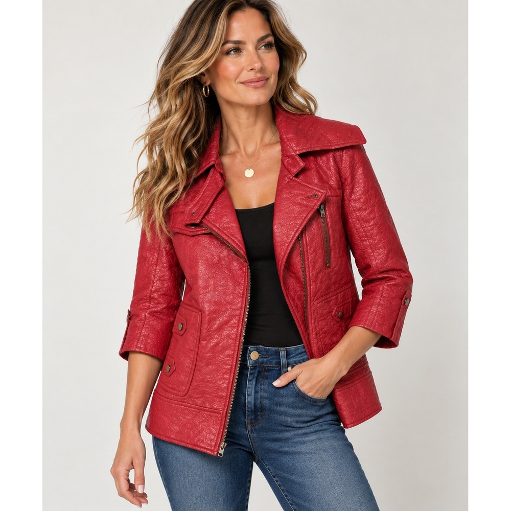 Tulle Red Textured Moto Jacket Asymmetrical Zip 3/4 Sleeve Size M Artsy
